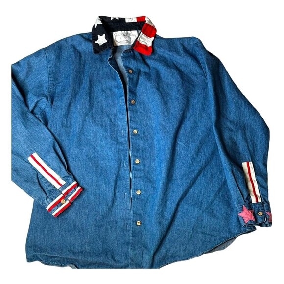 Vintage 90s Stars & Stripes Denim Shirt Patriotic Flag‎ Collar USA Men's L - Picture 2 of 6